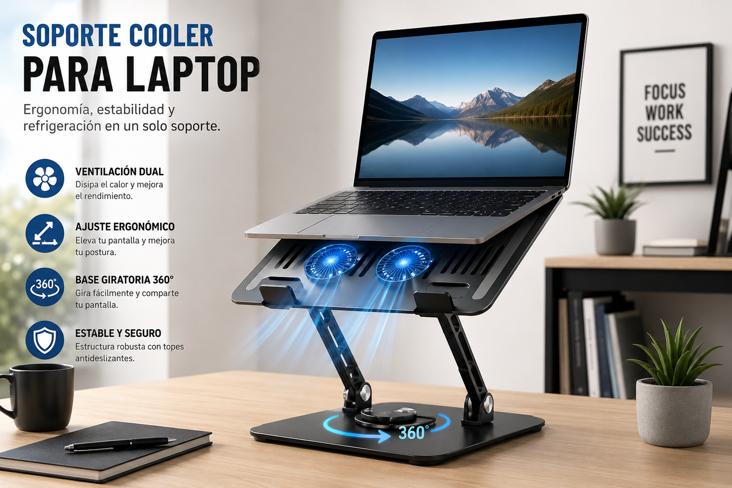 Adjustable Laptop Cooler Support with Dual Ventilation and 360° Base