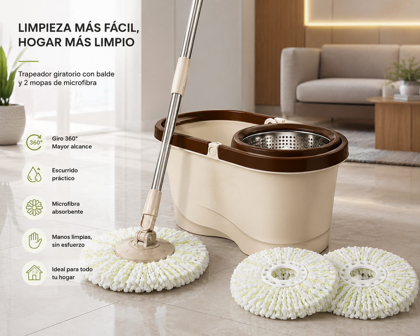 Spin Mop 360° with Bucket + 2 Mops